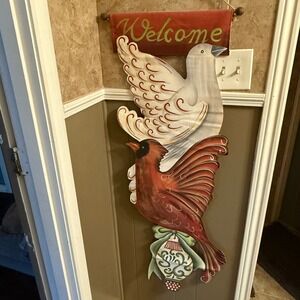 Welcome Sign Dove Cardinal Bird Christmas Holiday Wall Hanging Decor Canvas‎